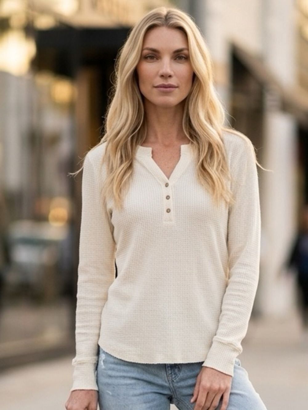 Waffle Knit Henley Long-Sleeve Top in Cream